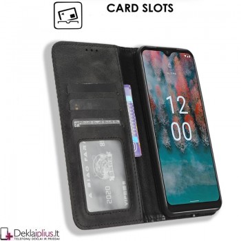 Dirbtinės odos atverčiamas dėklas su skyreliais - juodas (Nokia C12) Dirbtinės odos atverčiamas dėklas su skyreliais - juodas (Nokia C12)